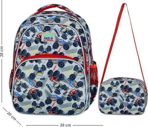 Lisanslı Gri Araba Desenli Oval Ilkokul Sırt Çantası ve Beslenme Çantası