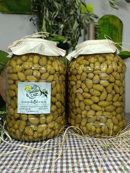Aydın Yöresi (Çekiçte) Eğri Çekirdek Cinsi Sofralık Tatlandırılmış Kırma Yeşil Zeytin (3+3 Kg)