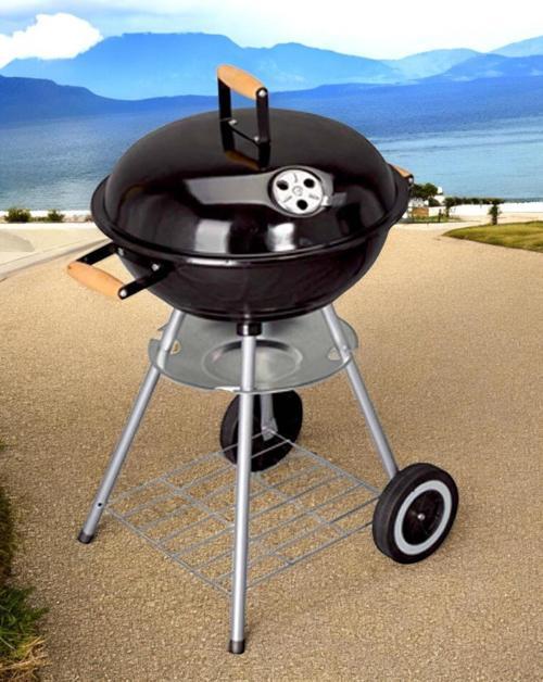  Yuvarlak Kömürlü Mangal Ahşap Kulplu Tekerlekli Mangal 44 cm