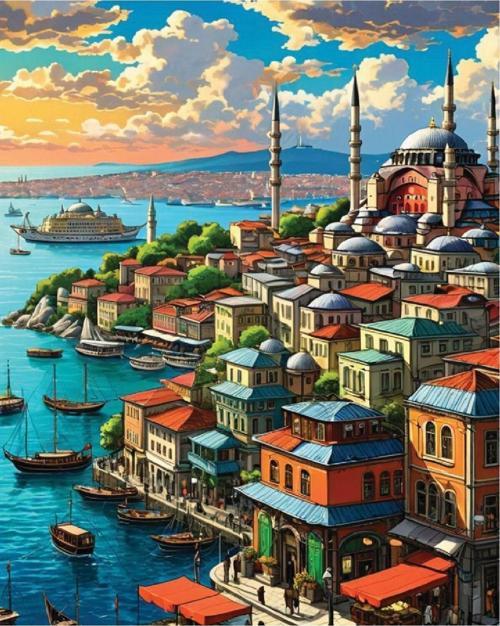 Mavi Kanat Hediye Dünyası Sayılarla Boyama Tuval Seti 40x50 cm LİMAN MANZARASI