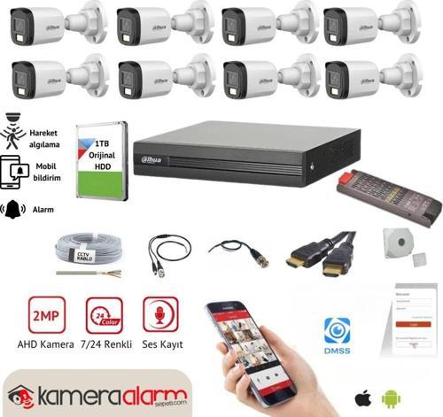 8 Kameralı 7/24 Renkli Görüşlü Dahili Mikrofonlu Güvenlik Kamerası Seti - Uzaktan Izleme - 1Tb Hdd