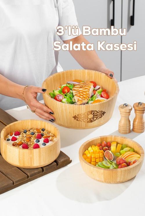 3lü Doğal Bambu Salata Kasesi Seti
