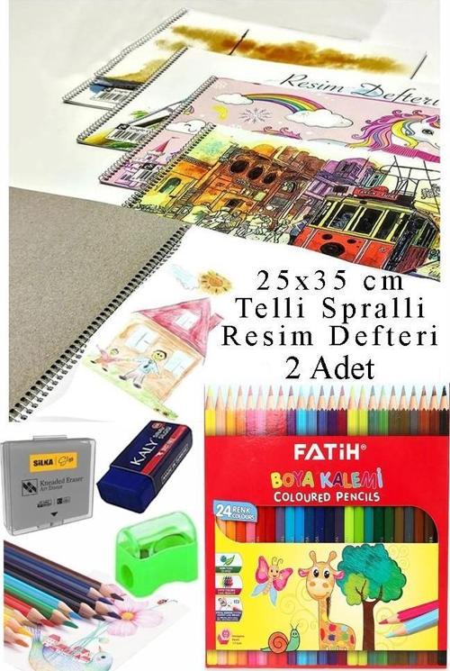 24 Renk Fatih Kuru Boya 25x35 cm Telli Spralli Resim Defteri Hamur Silgi Kalemtraş 15 Yaprak Resim Defteri Kuruboya