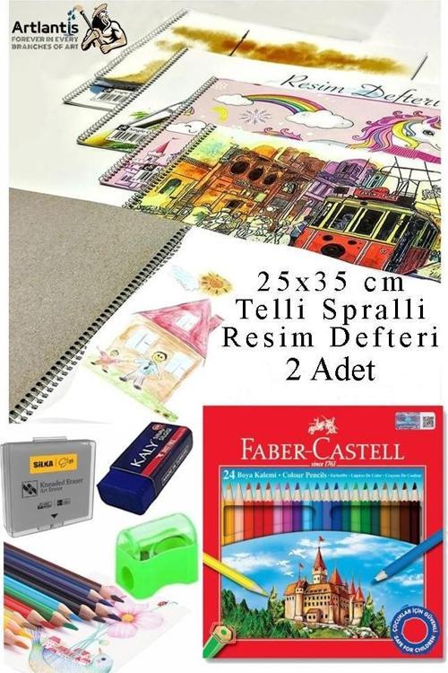 24 Renk Kuru Boya 25x35 cm Telli Spralli Resim Defteri Hamur Silgi Kalemtraş 15 Yaprak Kuruboya Resim Defteri Kuruboya