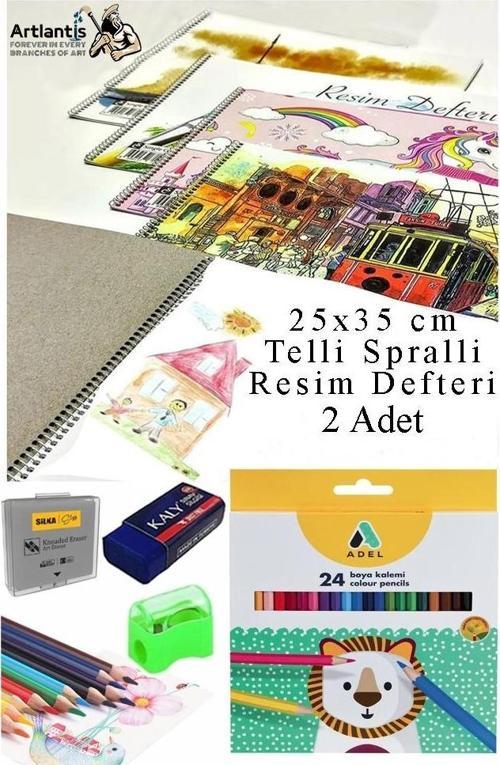 24 Renk Kuru Boya Adel 25x35 cm Telli Spralli Resim Defteri Hamur Silgi Kalemtraş 15 Yaprak Resim Defteri Kuruboya