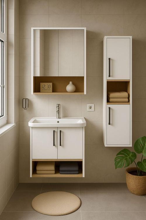 Legna 80 Cm Beyaz-Ahşap Renkli, Seramik Lavabolu, Alt - Üst Ve Boy Dolaplı Mdf Banyo Dolabı Seti
