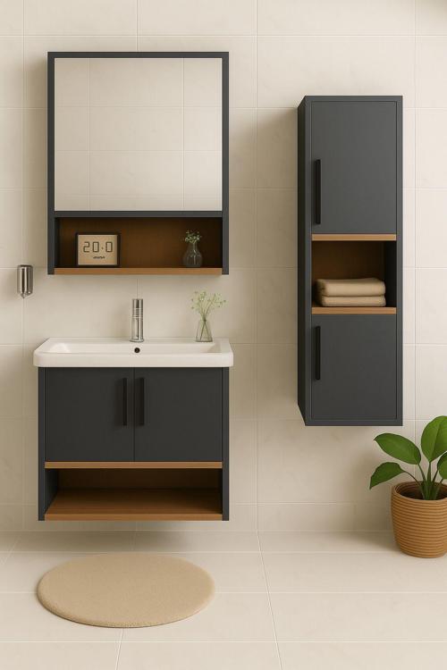 Legna 80 Cm Antrasit-Ahşap Renkli, Seramik Lavabolu, Alt - Üst Ve Boy Dolaplı Mdf Banyo Dolabı Seti