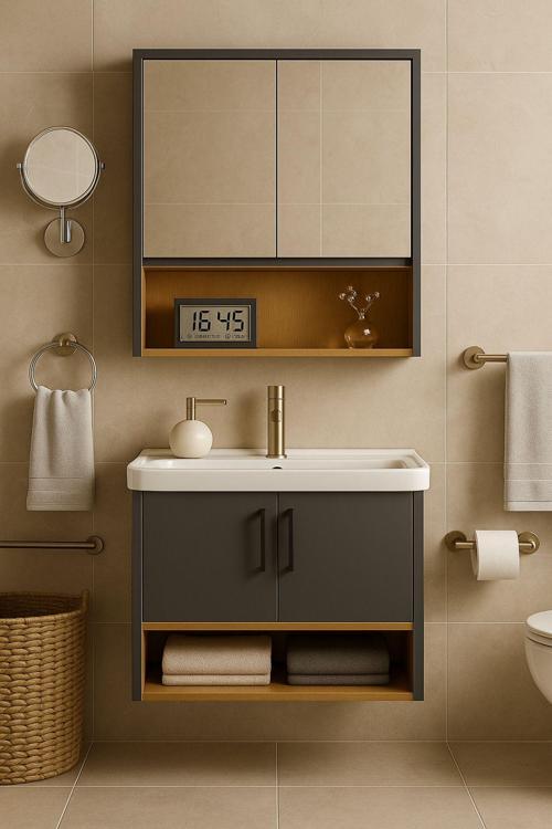 Legna 80 Cm Antrasit & Ahşap Banyo Dolabı Takımı – Alt Ve Üst Dolap (Lavabo Dahil)