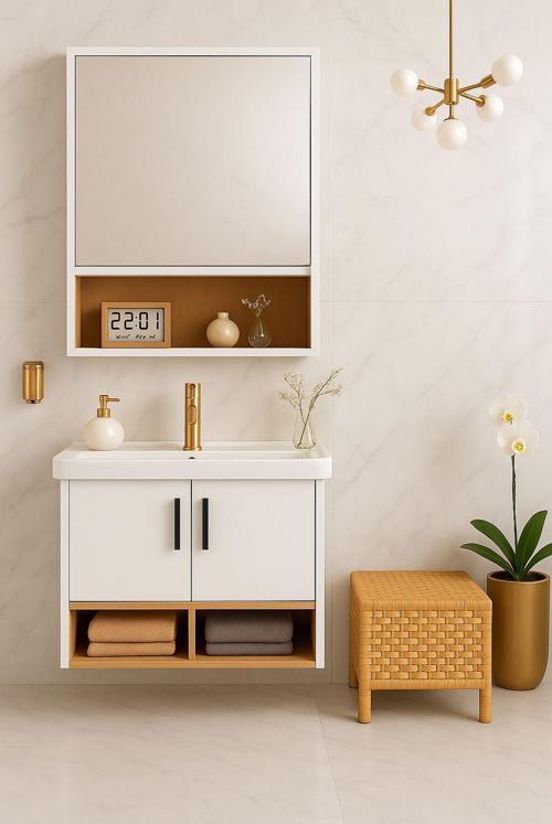 Legna 65 Cm Banyo Dolabı Takımı – Beyaz & Ahşap – Mdf – Seramik Lavabolu – Alt Ve Üst Dolap