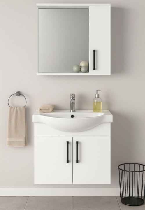 Lacrime 65 Cm Beyaz Renkli Mdf, Oval Seramik Lavabolu, Alt Ve Üst Dolaplı, Banyo Dolabı Takımı
