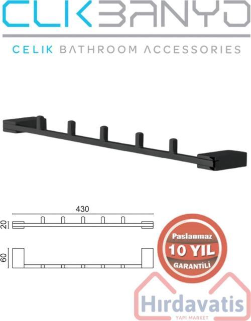 Paslanmaz Pirinç Titanik 5'Li Set Mat Siyah Askılık Havlu Askısı