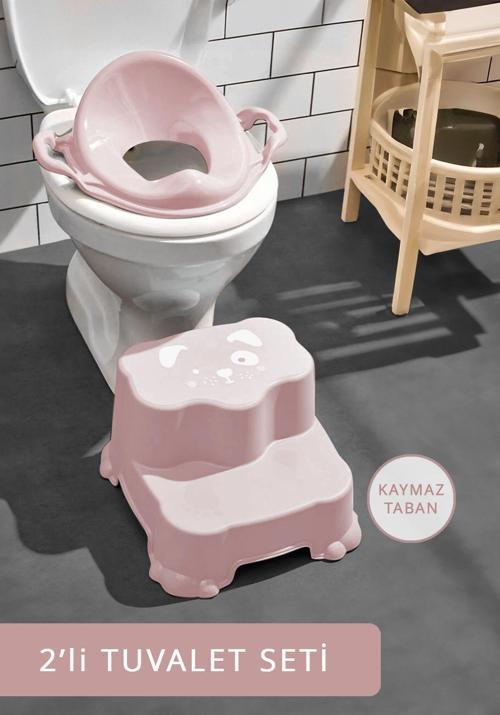Çocuklar Için Tuvalet Eğitim Seti- Kaydırmaz Katlı Basamak Ve Kulplu Klozet Adaptörü Pembe
