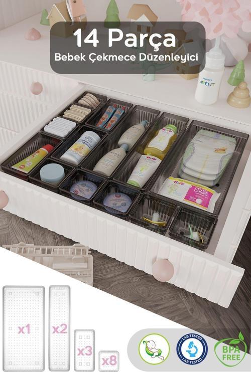 14 Parça Bebek Çekmece Düzenleyici - Bebek Organizer - Bebek Bakım Organizer - Antrasit