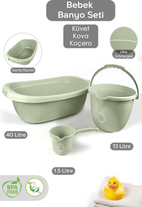 3’Lü Bebek Banyo Seti - Bebek Yıkama Küveti - Su Kovası - Maşrapa - Yeşil