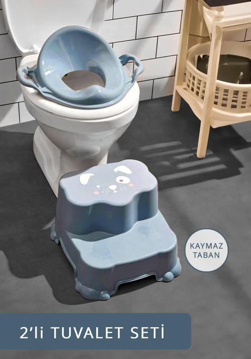 Çocuklar Için Tuvalet Eğitim Seti- Kaydırmaz Katlı Basamak Ve Kulplu Klozet Adaptörü Mavi