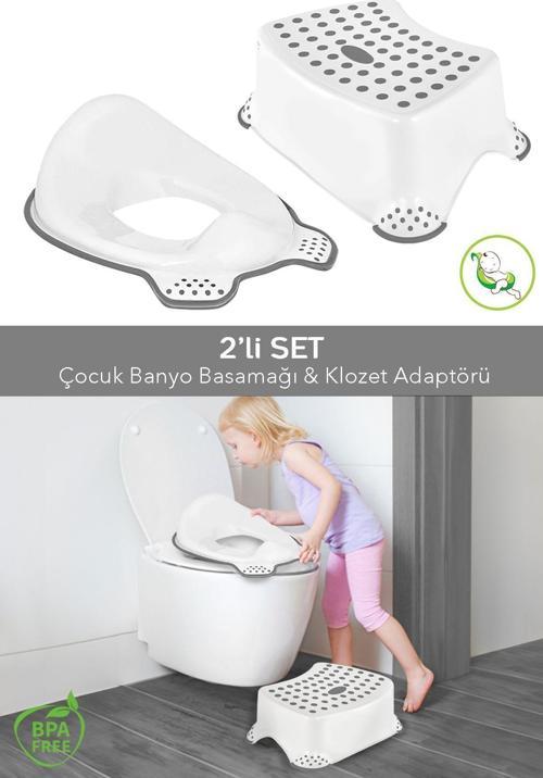 2'Li Çocuk Tuvalet Alıştırma Seti - Klozet Adaptörü - Çocuk Banyo Lavabo Basamağı, Kaydırmaz Tabure