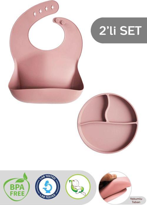 2'Li Silikon Bebek Beslenme Seti - Vakumlu Tabak, Ayarlanabilir Silikon Mama Önlüğü, Pembe