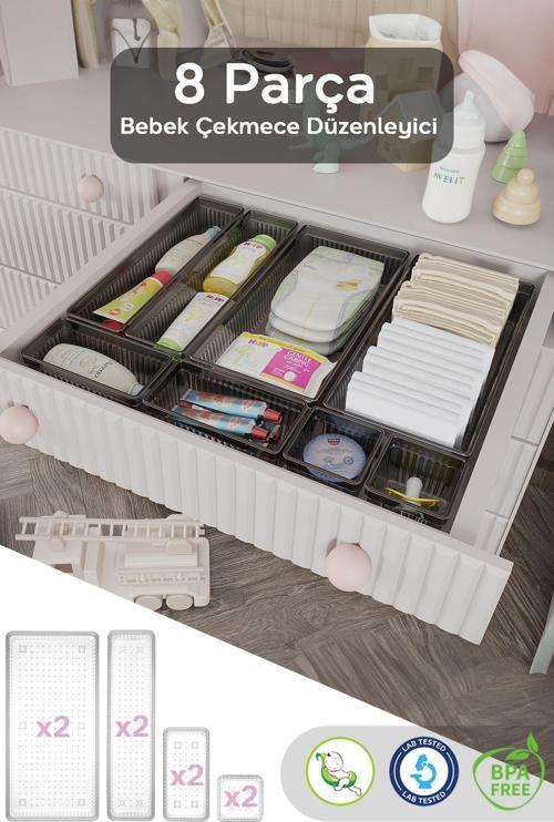8 Parça Bebek Çekmece Düzenleyici - Bebek Organizer - Bebek Bakım Organizer - Antrasit