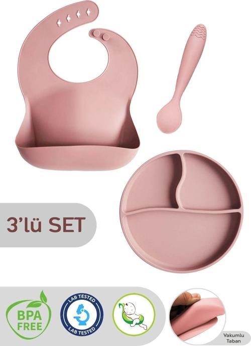 3'Lü Silikon Beslenme Seti -Silikon Mama Önlüğü, Vakumlu Tabak, Diş Kaşıyıcılı Kaşık Pembe