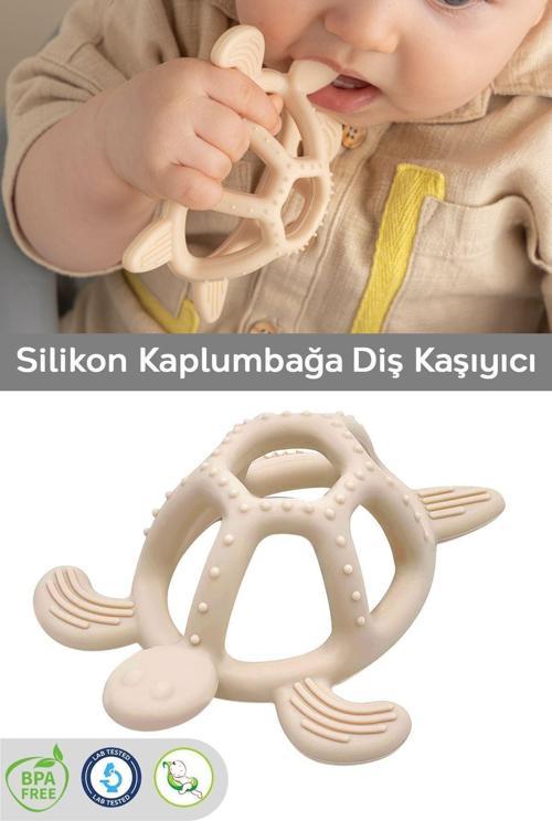 Kaplumbağa Figürlü Bebek Dişlik - Diş Kaşıyıcı Bebek Dişliği - Bej