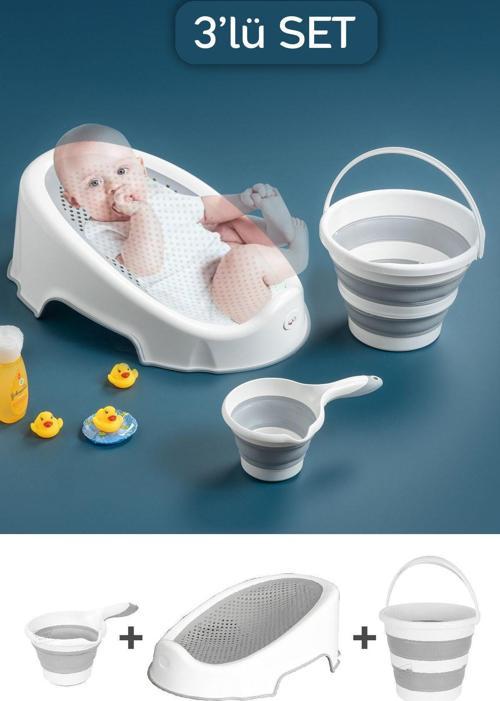 3'Lü Soft Bebek Küveti Seti - Silikon Fileli Bebek Besleme, Yıkama Banyo Küveti, Su Kovası, Koçero