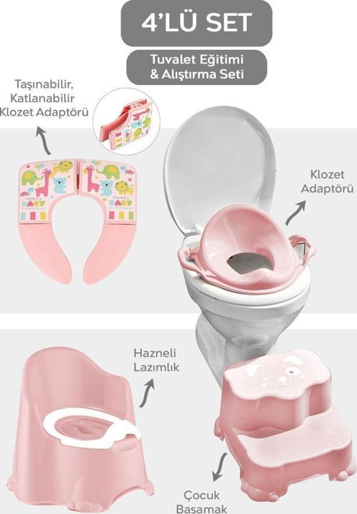 4 Parça Bebek Tuvalet Alıştırma Seti - Taşınabilir Klozet Adaptörü Ve Bebek Tuvalet Seti - Pembe