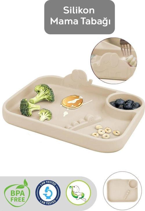 Silikon 3 Bölmeli Bebek Beslenme Tabağı - Silikon Tabak - Silikon Beslenme Aksesuarı - Bej