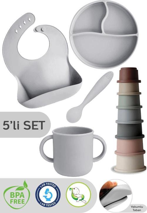 5'Li Set Silikon Mama Önlüğü, Bardak, Vakumlu Tabak, Kaşık, Kule Aktivite Oyuncağı - Gri