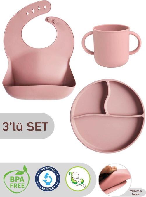 3'Lü Silikon Beslenme Seti - Silikon Mama Önlüğü, Kulplu Bardak, Vakumlu Tabak - Pembe
