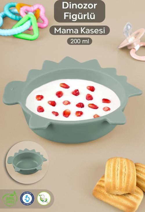 Dinozor Figürlü Silikon Bebek Mama Kasesi - Şekilli Bebek Beslenme Kasesi - Yeşil