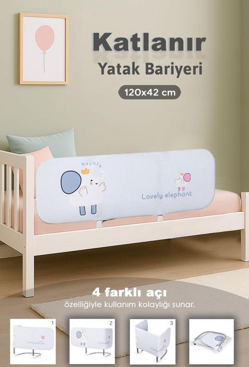 120X42 Cm Katlanır Bebek Yatak Bariyeri - Fil Desenli Koruyucu Baza Korkuluğu Güvenlik Bariyeri