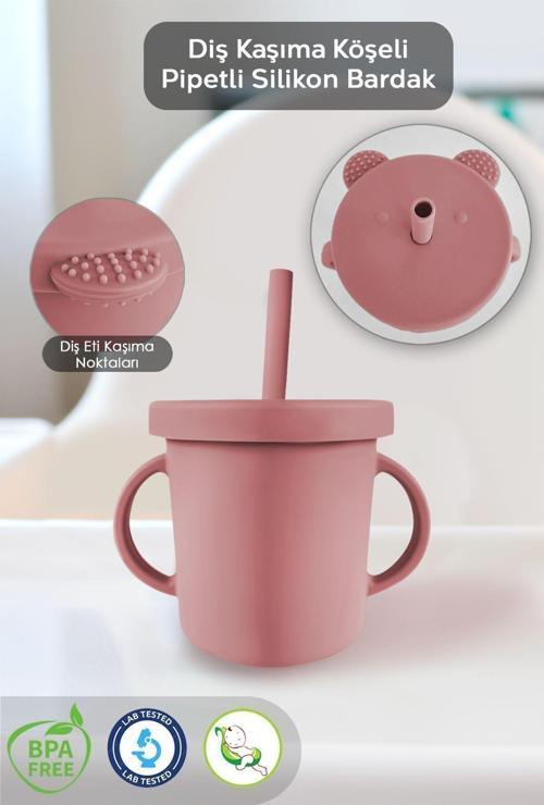 Sızdırmaz Kapaklı , Silikon Pipetli Bebek Alıştırma Bardağı, Silikon Bebek Beslenme Bardağı-Pembe