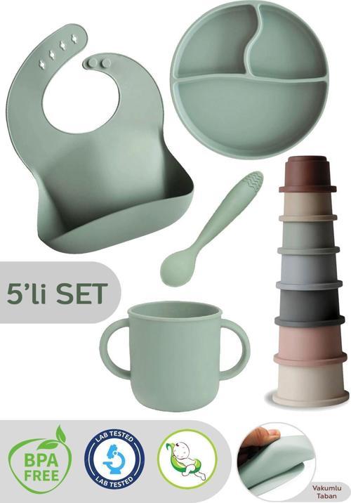 5'Li Set Silikon Mama Önlüğü, Bardak, Vakumlu Tabak, Kaşık, Kule Aktivite Oyuncağı - Yeşil