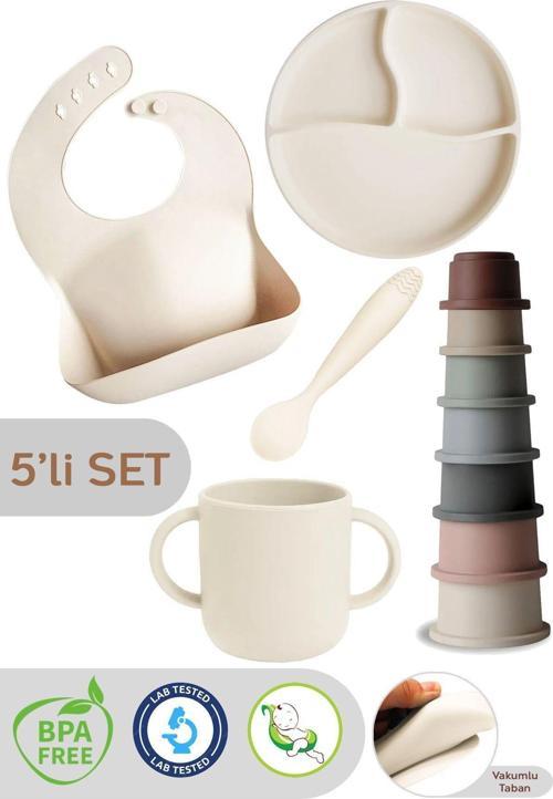 5'Li Set Silikon Mama Önlüğü, Bardak, Vakumlu Tabak, Kaşık, Kule Aktivite Oyuncağı - Bej