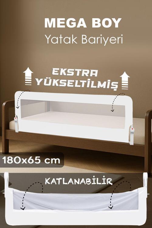 180 Cm Mega Bebek Güvenlik Bariyeri - Yükseltilmiş Koruyucu Bariyer Katlanır Yatak Korkuluğu Beyaz