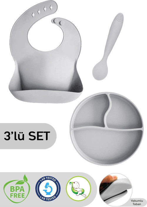 3'Lü Silikon Beslenme Seti - Silikon Mama Önlüğü, Vakumlu Tabak, Diş Kaşıyıcılı Kaşık, Gri