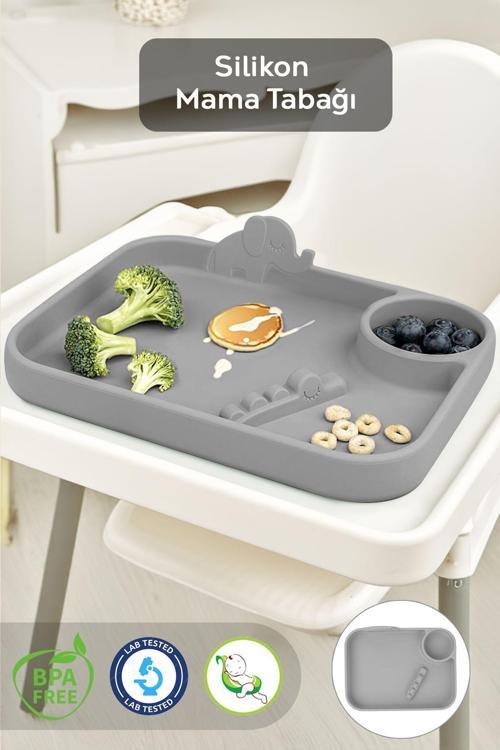 Silikon 3 Bölmeli Bebek Beslenme Tabağı - Silikon Tabak - Silikon Beslenme Aksesuarı - Gri