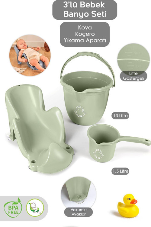 3'Lü Bebek Banyo Seti - Vakum Tabanlı Yıkama Aparatı - Banyo Su Kovası - Maşrapa - Yeşil