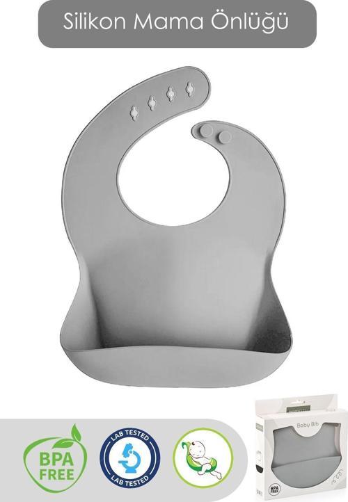 Mega Boy Silikon Mama Önlüğü - Çift Kilitli Ayarlanabilir Bebek Mama Önlüğü - Gri