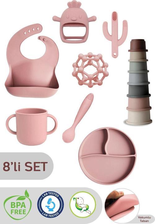 8'Li Set Silikon Mama Önlüğü, Bardak, Vakumlu Tabak, Kaşık, Dişlik, Kule Oyuncağı - Pembe