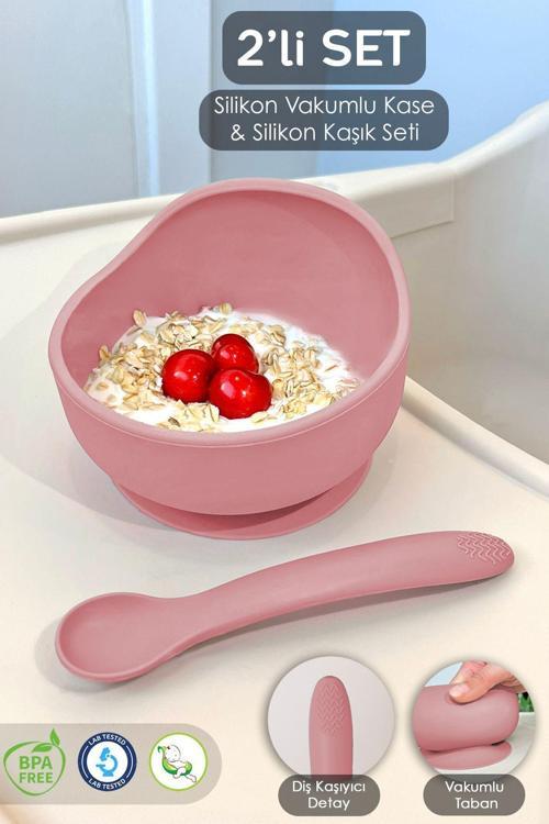 2'Li Silikon Bebek Beslenme Seti - Vakumlu Mama Kasesi - Diş Kaşıyıcı Silikon Kaşık - Pembe