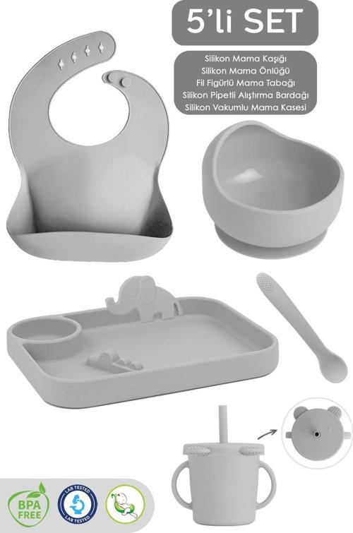 5'Li Silikon Beslenme Seti - Bebek Mama Önlüğü - Tabak - Vakumlu Kase - Pipetli Bardak - Kaşık-Gri