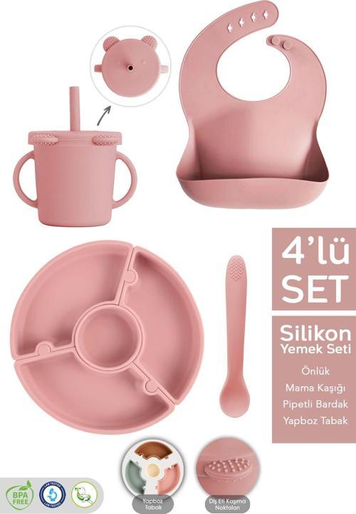 4'Lü Silikon Beslenme Seti - Yapboz Puzzle Mama Tabağı Önlük Pipetli Bardak Diş Kaşıyıcı Kaşık Pembe