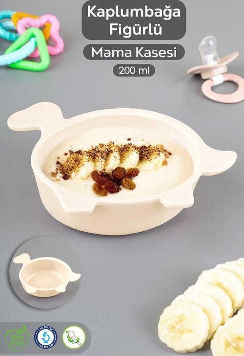 Kaplumbağa Figürlü Silikon Bebek Mama Kasesi - Şekilli Bebek Beslenme Kasesi - Bej