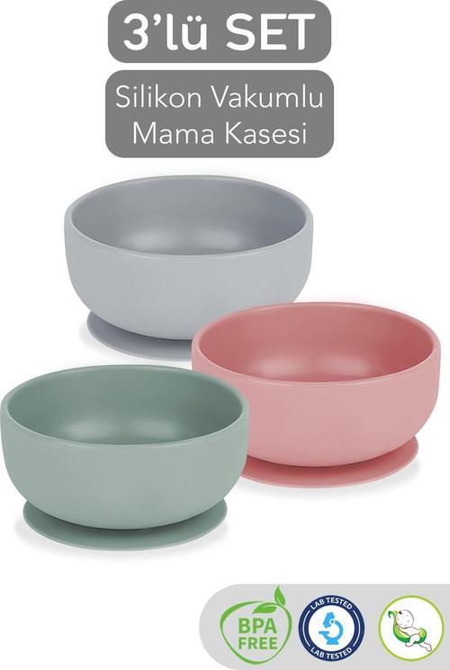 3'Lü Silikon Vakumlu Bebek Mama Kasesi Seti - Vakum Tabanlı Set Kase - Gri-Yeşil-Pembe