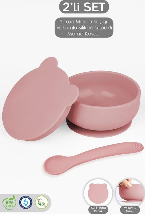 2'Li Bebek Beslenme Seti - Vakumlu Silikon Kapaklı Mama Kasesi - Diş Kaşıyıcı Mama Kaşığı - Pembe