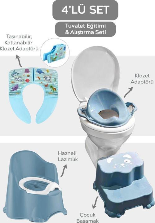 4 Parça Bebek Tuvalet Alıştırma Seti - Taşınabilir Klozet Adaptörü Ve Bebek Tuvalet Seti - Mavi