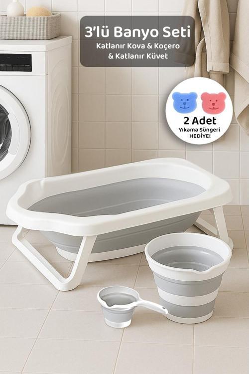 3'Lü Set Katlanır Bebek Banyo Seti - Katlanabilir Bebek Küveti, Su Kovası, Maşrapa Seti - Gri