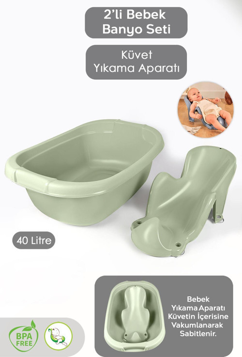 2'Li Bebek Banyo Seti - Bebek Yıkama Küveti - Vakum Tabanlı Yıkama Aparatı Oturağı - Yeşil