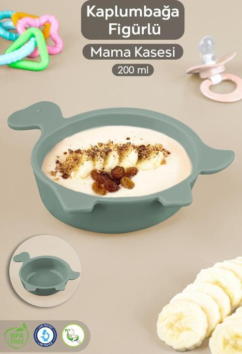 Kaplumbağa Figürlü Silikon Bebek Mama Kasesi - Şekilli Bebek Beslenme Kasesi - Yeşil
